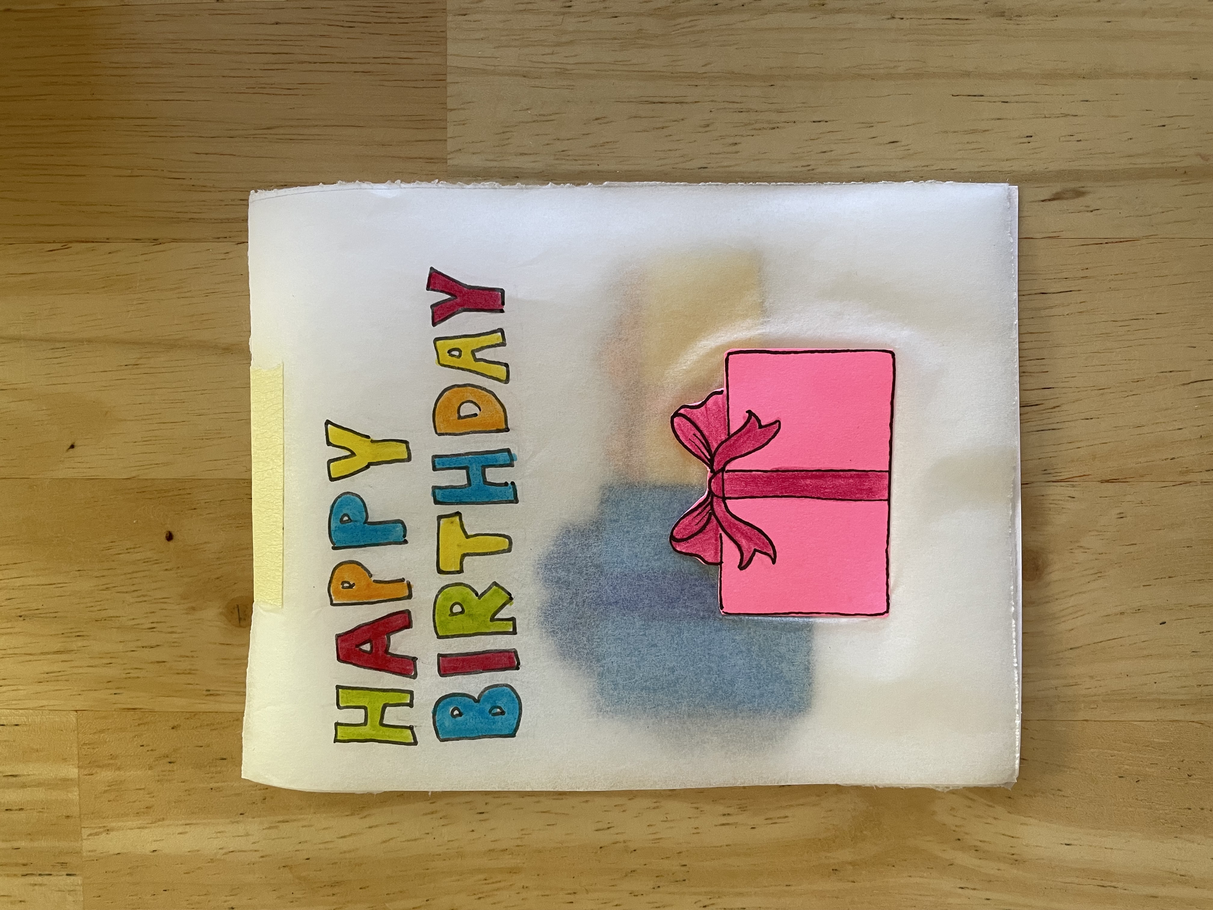 top layer of card, says 'happy birhday' and shows three gifts on vellum paper